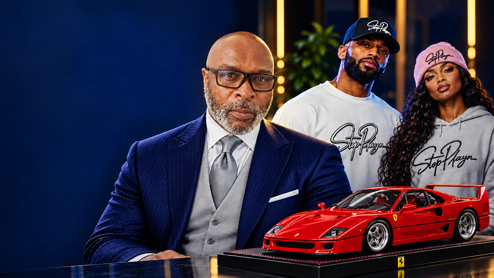 StopPlayn founder Lee V. Putney with adult signature apparel models and a red Ferrari F40 collector scale model