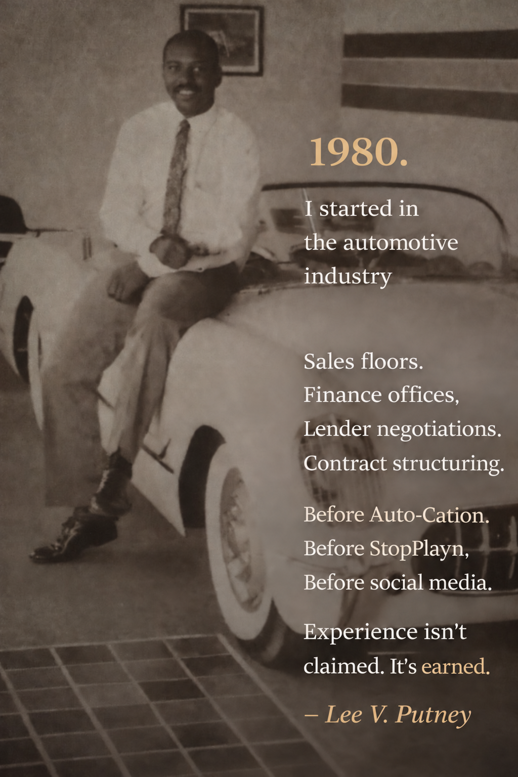 Retouched archival detail of Lee V. Putney beside a classic car in 1980