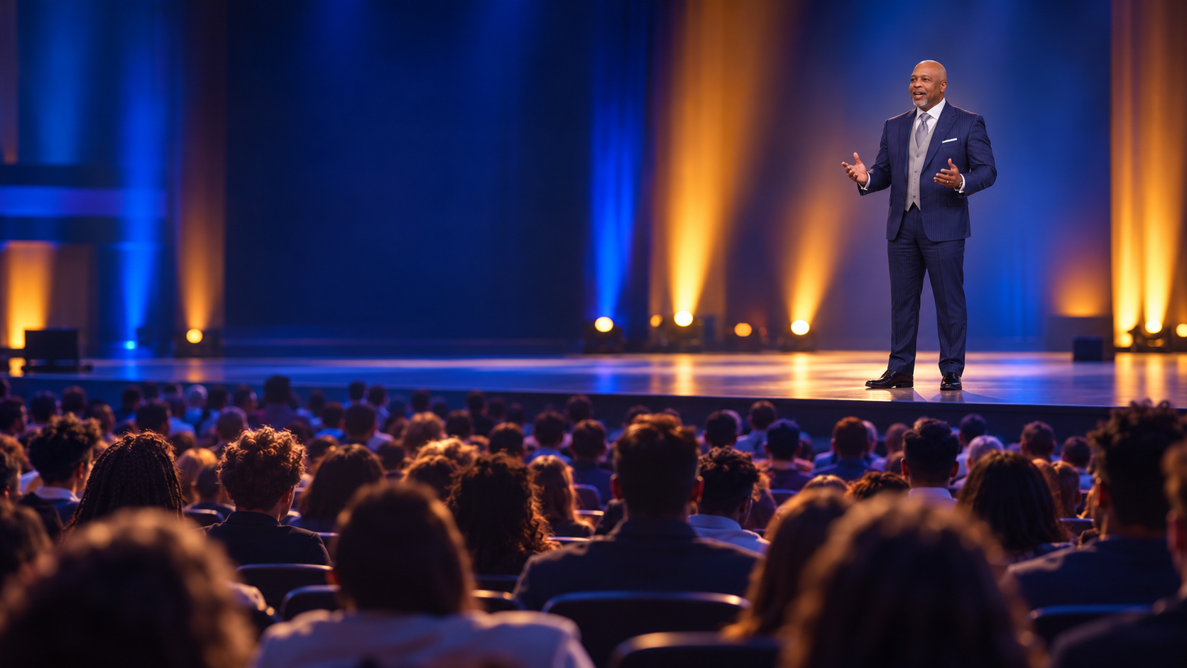 Concept stage illustration of Lee V. Putney speaking to an auditorium audience under blue and gold lighting