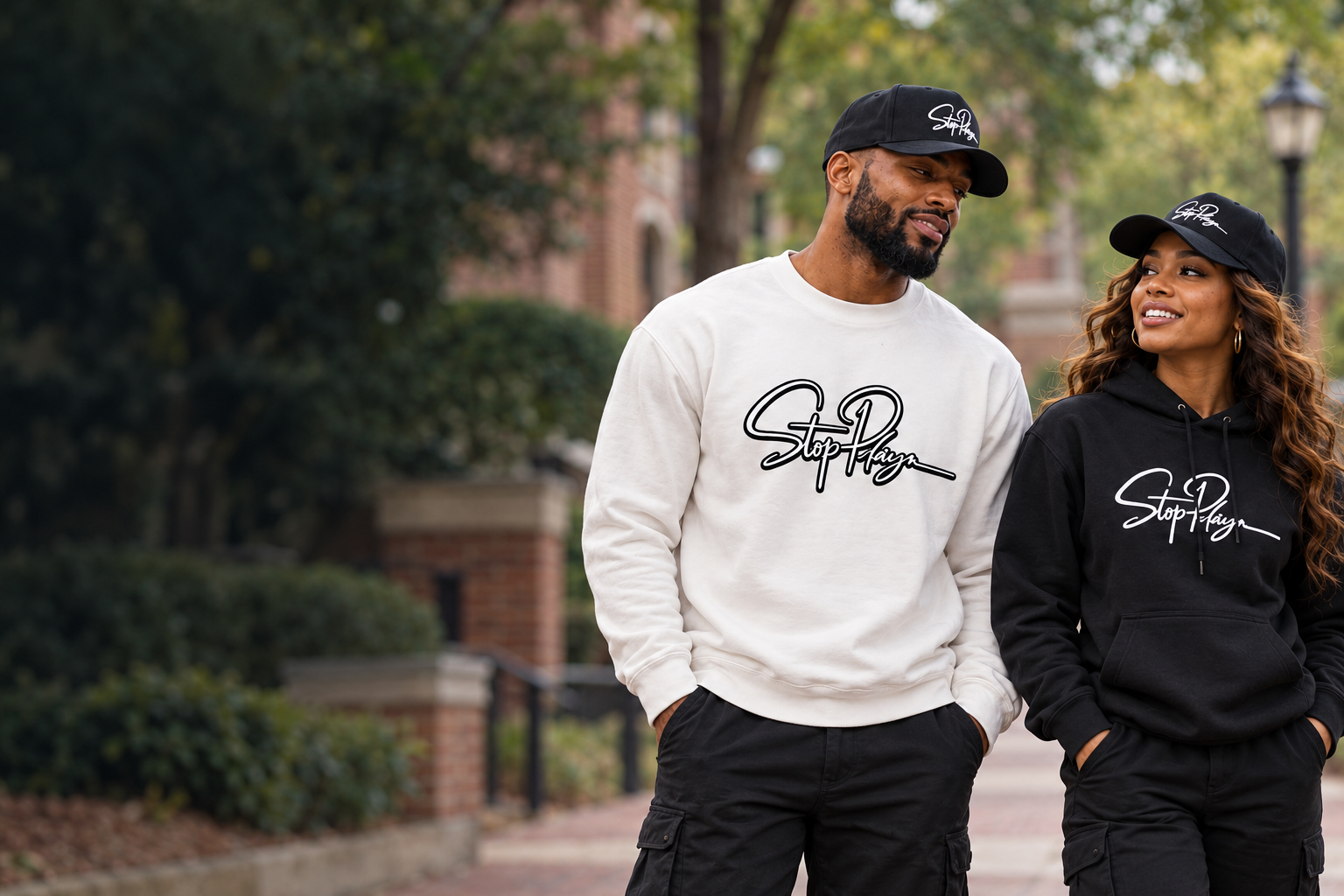 AI-created campus lifestyle scene with two Black adult models wearing StopPlayn signature apparel and caps