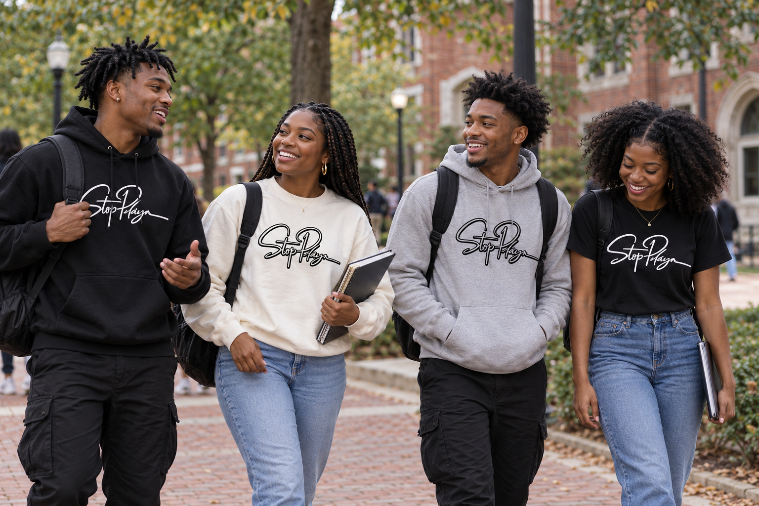 AI-created campus scene of four Black adult college students wearing StopPlayn signature apparel