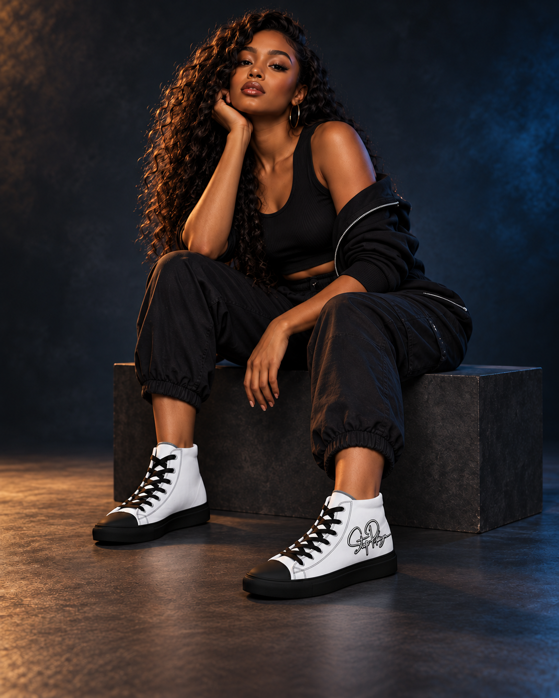 Adult model wearing the white and black StopPlayn Signature High Tops