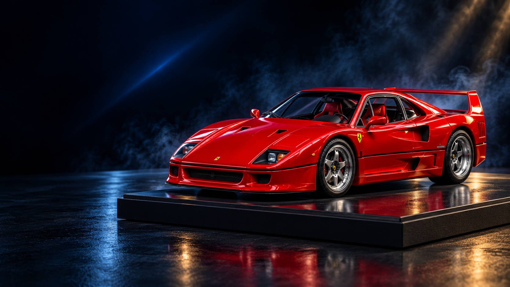 Concept showroom illustration of a red Ferrari F40 collector model on a display plinth