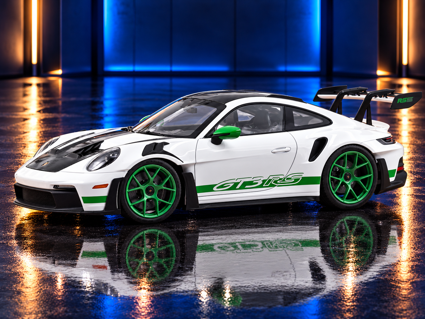 2022 Porsche 911 GT3 RS with Weissach Pack "Tribute to Carrera RS" White with Carbon Hood and Top and Python Green Stripes — Norev 1:12 collector model