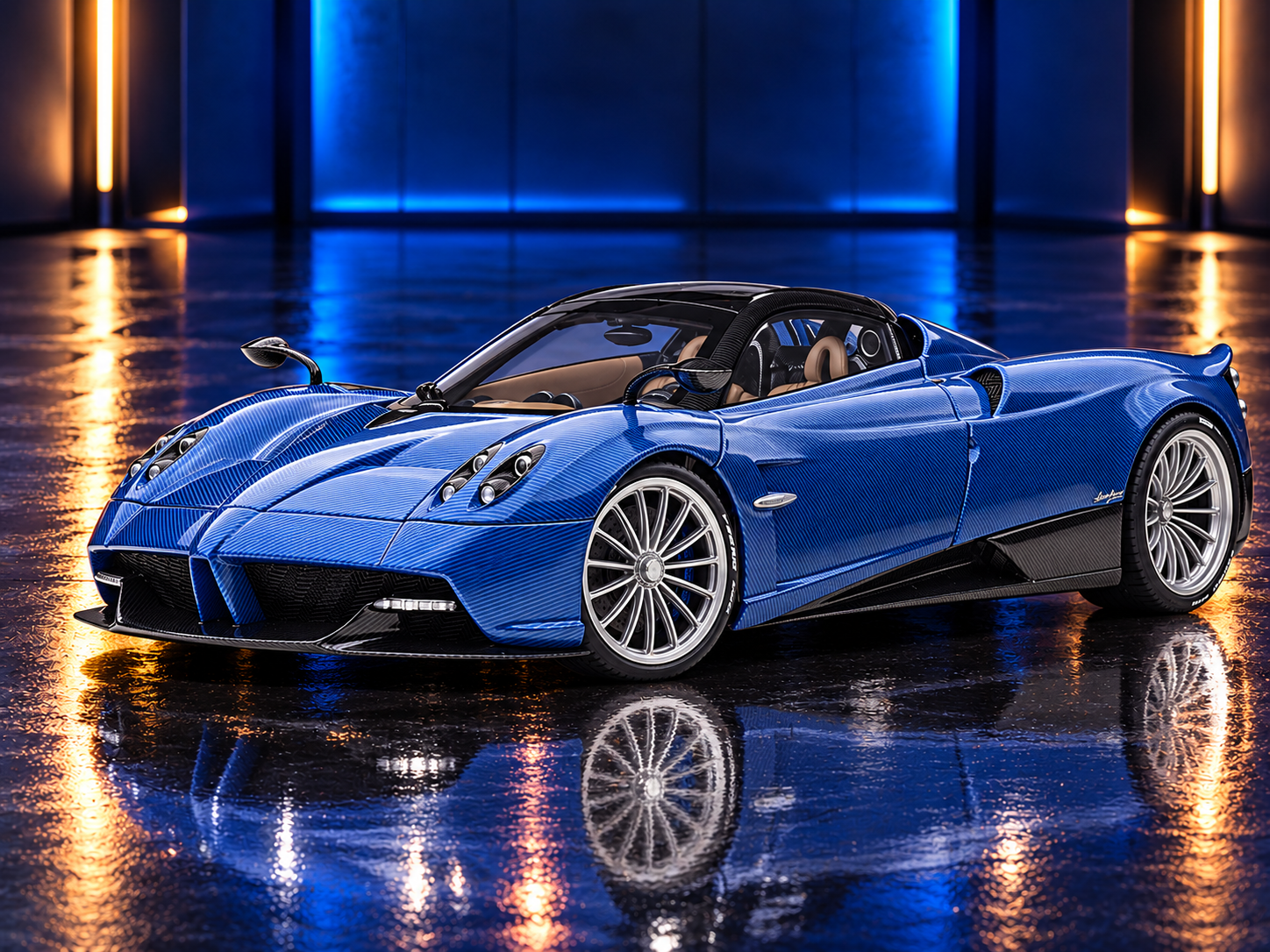 Pagani Huayra Roadster Blue Tricolore Carbon Fiber with Black Top with Luggage Set — Autoart 1:18 collector model