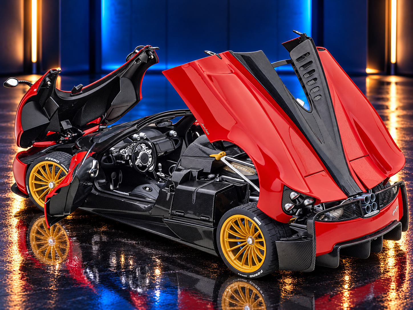 Pagani Huayra Roadster Rosso Monza Red and Carbon with Luggage Set — Autoart 1:18 collector model