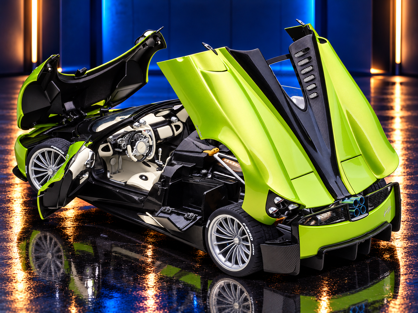 Pagani Huayra Roadster Verde Firenze Green Metallic and Carbon with Luggage Set — Autoart 1:18 collector model