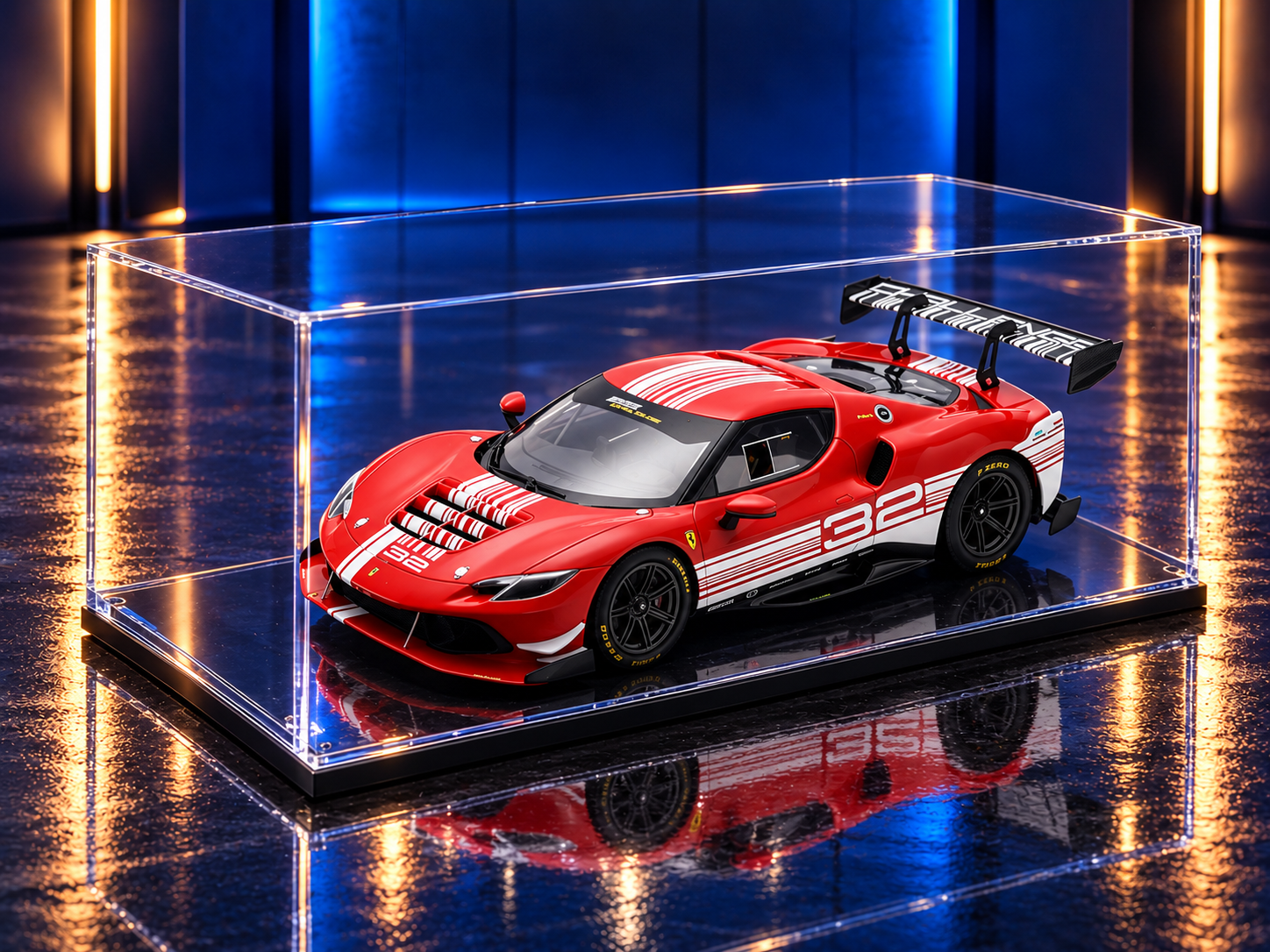 Ferrari 296 GT3 Challenge #32 "Launch Version" Red with White Stripes with Acrylic Display Case — LookSmart 1:18 collector model
