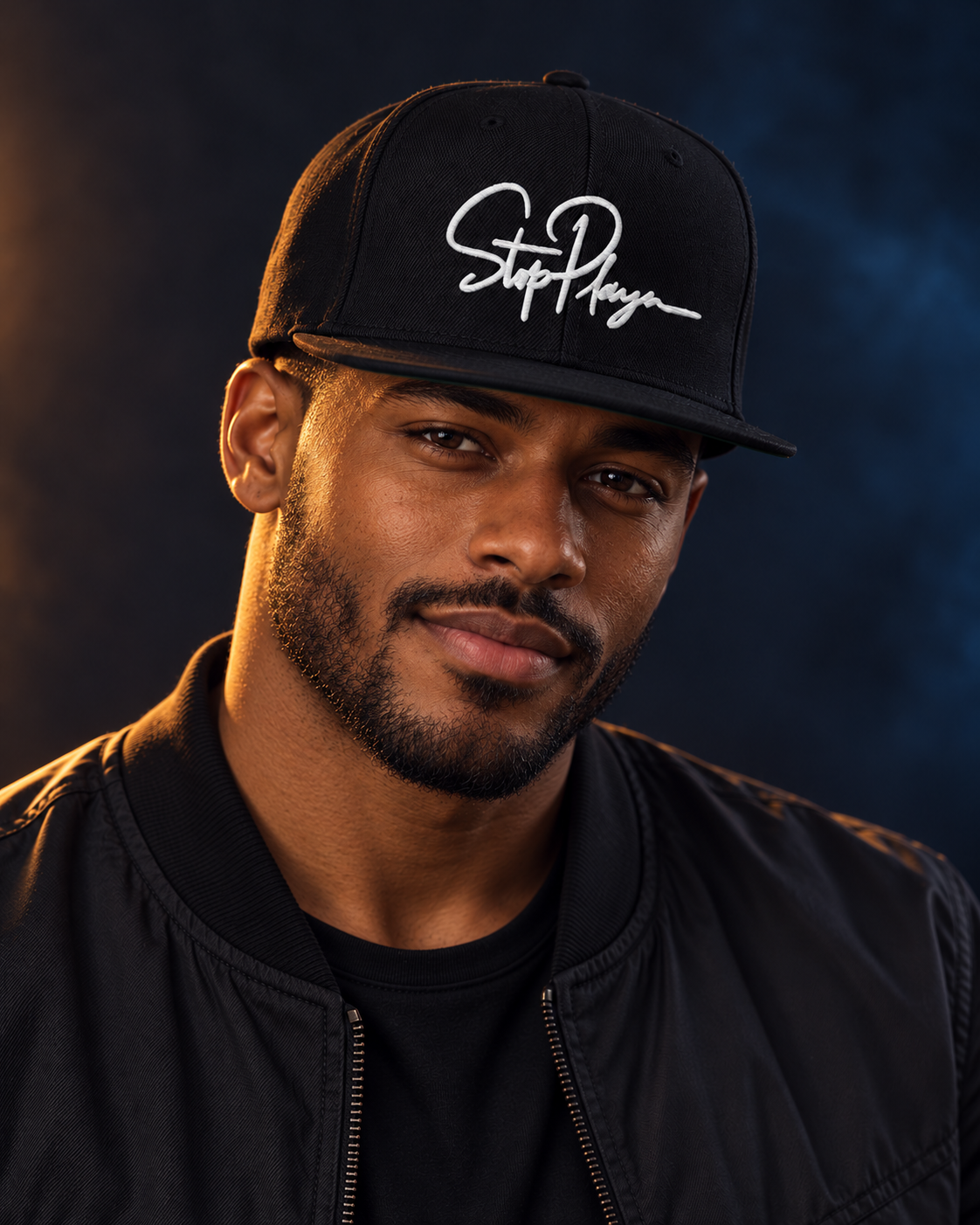 Black male model wearing the black StopPlayn Signature Cap
