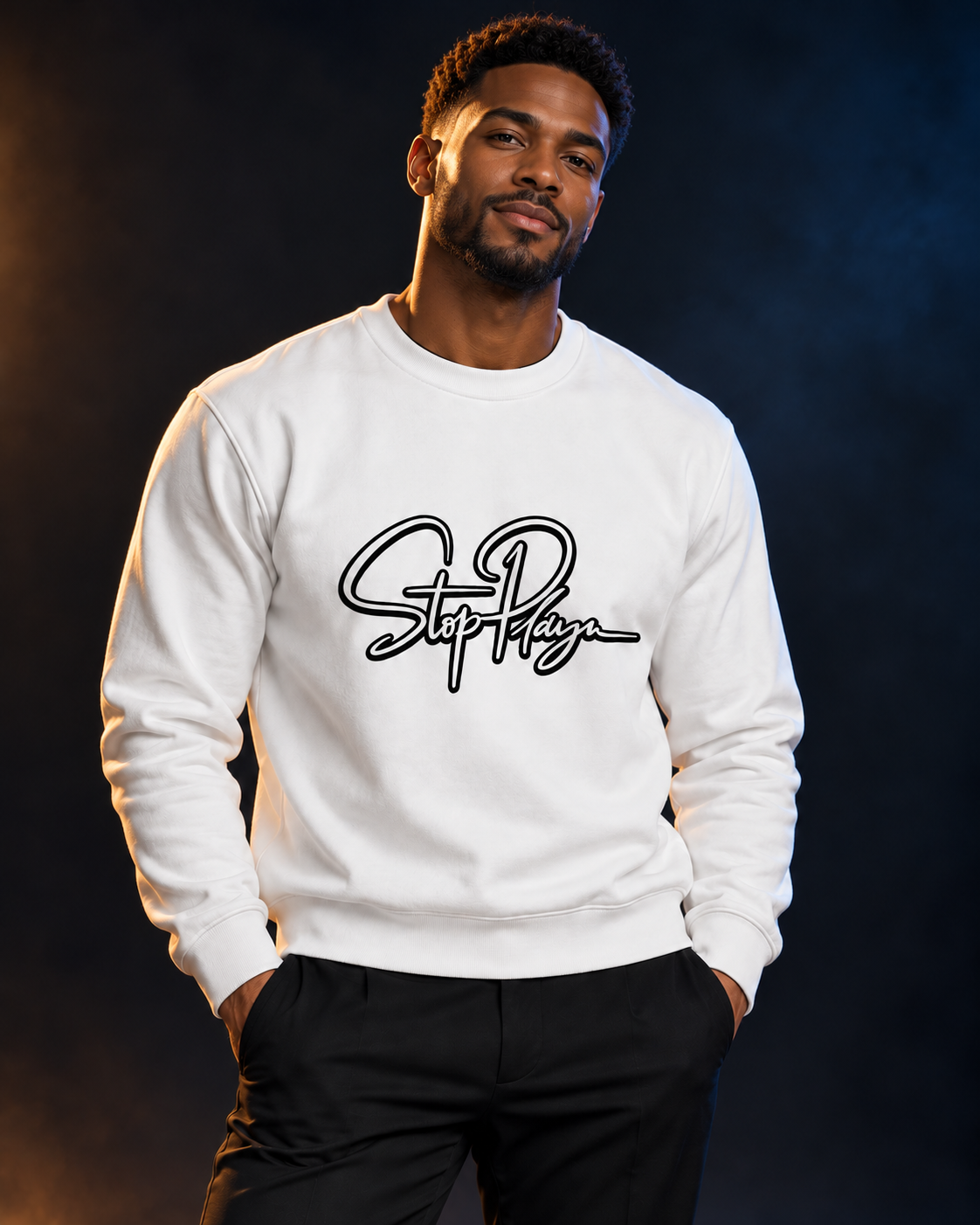 Black male model wearing the white StopPlayn Signature Sweatshirt
